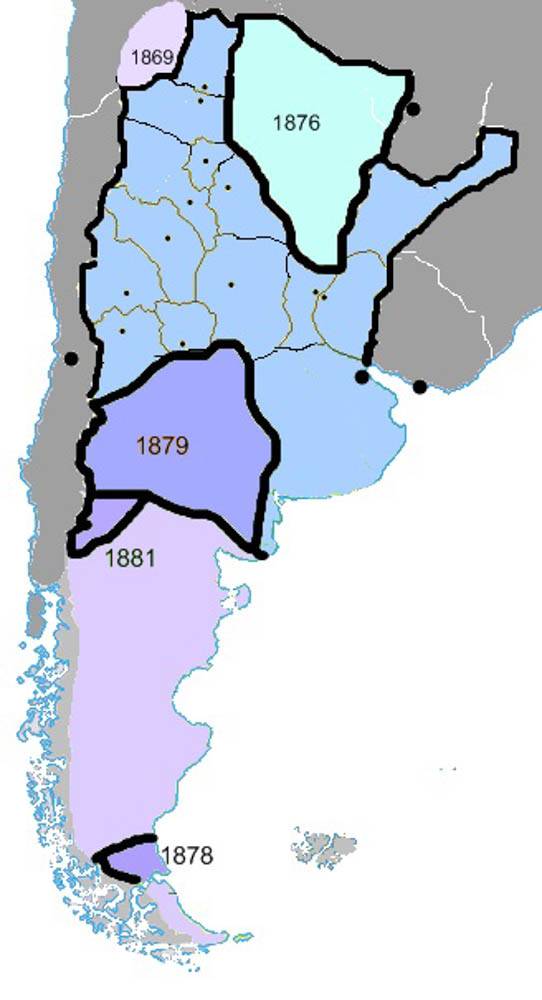 Expansão territorial argentina após a Guerra do Paraguay. Até então, o governo central controlava apenas a área em azul claro. A 'Conquista do Deserto' expandiu as fronteiras do país rumo ao sul do continente (imagem da Internet)